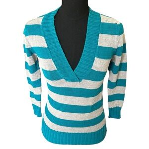 Faded Glory Girls Y2K Teal and White V-Neck Sweater Size Large